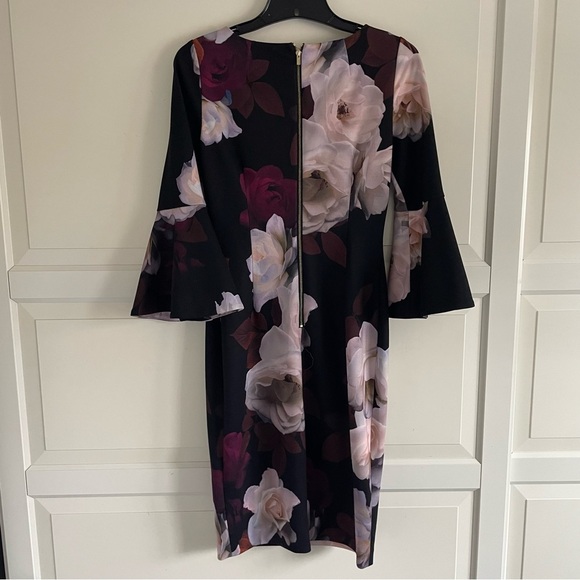 Calvin Klein Black Floral-Print Bell-Sleeve Sheath Dress 20573 - Picture 3 of 7